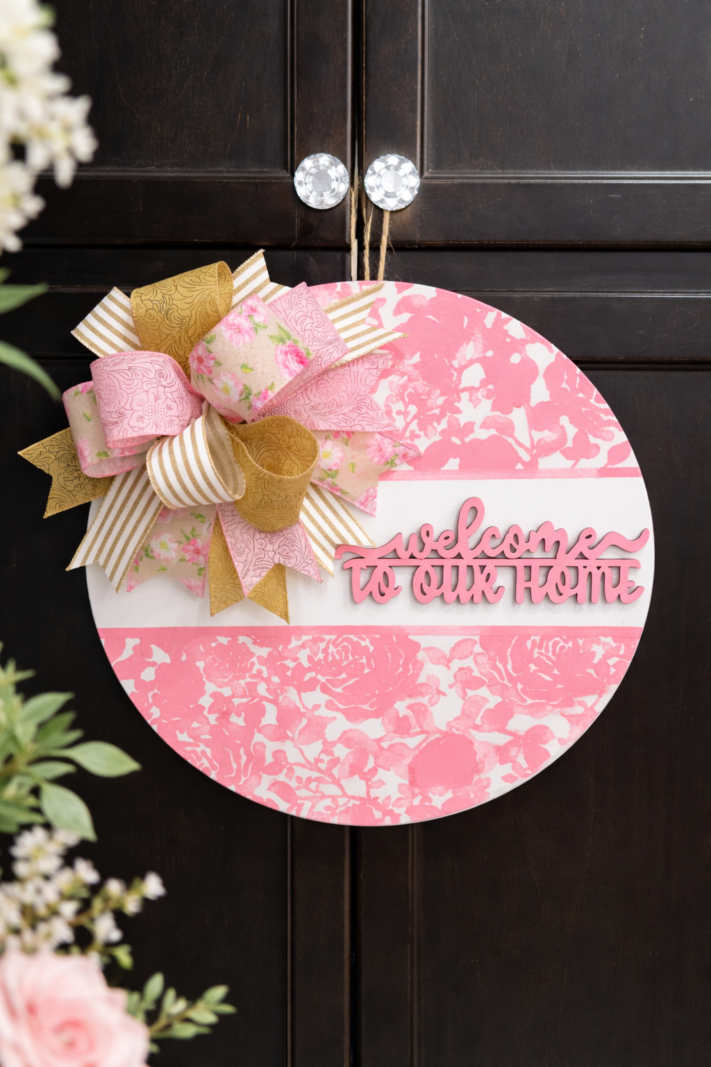 Luxury Pink Floral Door Hanger | 18” Welcome To Our Home Sign | Handmade Statement Door Décor | Gift-Ready Front Door Sign